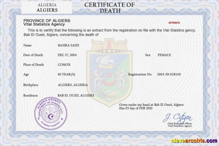 Algeria vital record death certificate